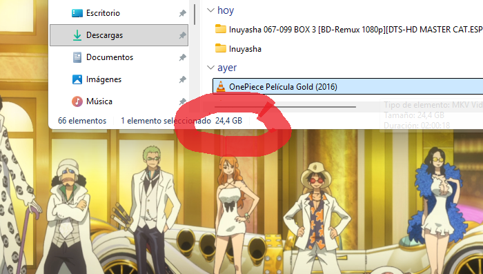 Película One Piece Gold ocupando 24GB